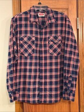 Men’s Wrangler Blue and Orange Plaid Long-Sleeve Button-Down Shirt NWOT